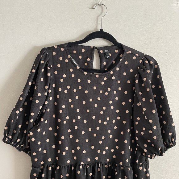River Island Women 12 Black Crew Neck Puff Sleeve Spotted Frill Smock Mini Dress - Picture 8 of 15